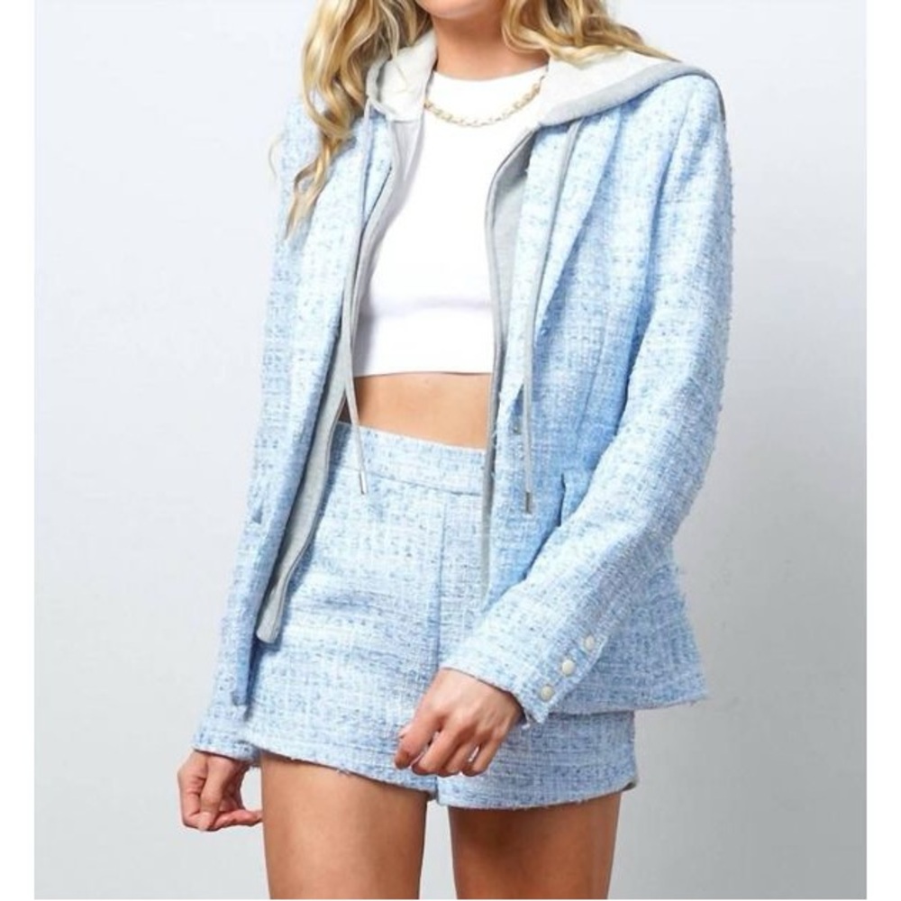 Central Park West Tweed Blazer Suit Jacket Light Blue
